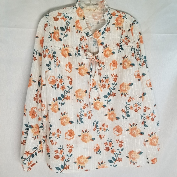 Solitaire Tops - Solitaire Woman Size M Blouse V Neck String Tie Long Sleeve Sheer Floral Pint